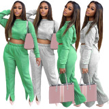 EVE Casual Solid Long Sleeve Split Pant Two Piece Set GZYF-8201
