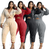 EVE Plus Size Solid Color Casual Long Sleeve Two Piece Pant Set XYMF-88120