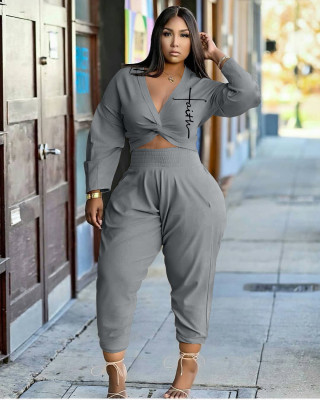 EVE Plus Size Solid Color Casual Long Sleeve Two Piece Pant Set XYMF-88120