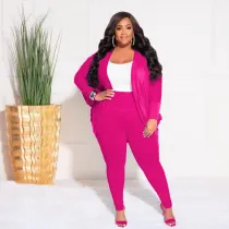 EVE Plus Size Solid Color Ruched Cardigan And Pant Two Piece Set XHSY-19495