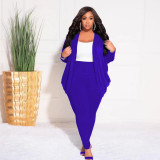 EVE Plus Size Solid Color Ruched Cardigan And Pant Two Piece Set XHSY-19495