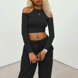 EVE Off Shoulder Crop Tops And Loose Pant Casual Sport Two Piece Set MUKF-092