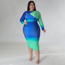 EVE Plus Size Printed Patchwork Gradient Midi Dress NNWF-7707