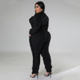 EVE Plus Size Solid Color Ruched Long Sleeve Two Piece Pants Set NNWF-7758