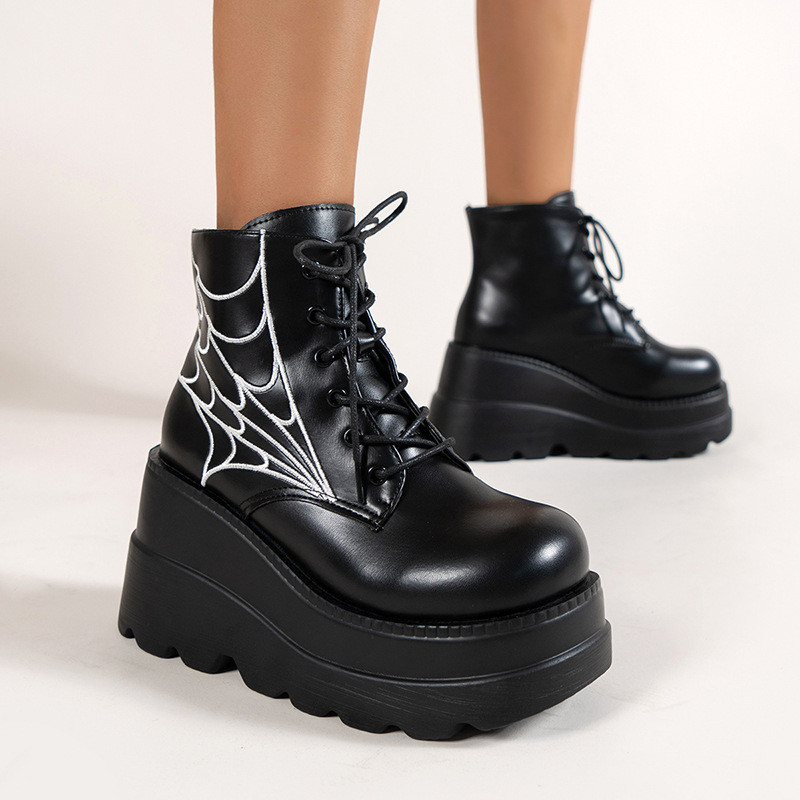 EVE Spider Web Round Toe Lace-up Short Leather Boots TWZX-46