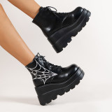 EVE Spider Web Round Toe Lace-up Short Leather Boots TWZX-46