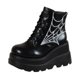 EVE Spider Web Round Toe Lace-up Short Leather Boots TWZX-46