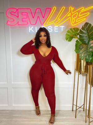 EVE Rib Solid Color Tie Up Slim Jumpsuit ME-8258