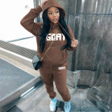 EVE Plus Size Letter Print Plush Hooded Sweatshirt And Pant Two Piece Set GHF-130