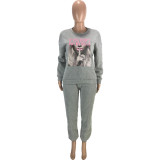 EVE Plus Size Plush Print Sweatshirt And Pant Sport 2 Piece Set MEI-9291