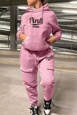 EVE Plus Size PINK Letter Print Hooded Sweatshirt And Pant Sport Suit WAF-775152