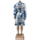 EVE Plus Size Long Sleeve Sashes Print Dress OSIF-22508