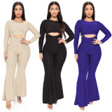 EVE Solid Crop Tops And Sling Flare Jumpsuit Two Piece Set YYF-6671