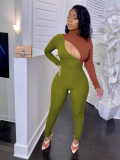 EVE Plus Size Fashion Color Blocking Zipper Slim Jumpsuit AMLF-3043