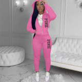 EVE Pink Letter Print Hooded Sweatshirt Pant Two Piece Set YIM-294