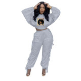 EVE Casual Plush Print Hooded Sweatshirt And Tassel Pant Two Piece Set YMEF-5099