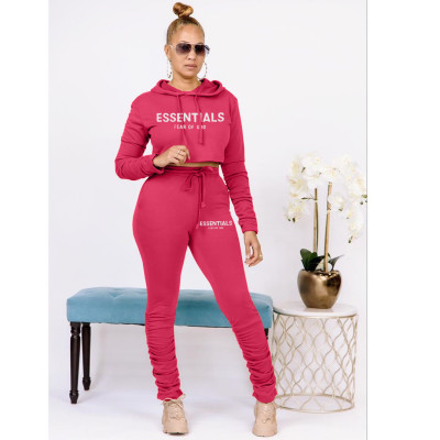 EVE Solid Color Hooded Sweatshirt And Ruched Pant Print Sport Suit HM-6630