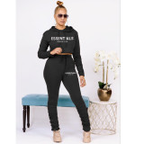 EVE Solid Color Hooded Sweatshirt And Ruched Pant Print Sport Suit HM-6630