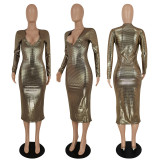 EVE Fashion Gold Blocking Deep V Neck Midi Dress FENF-257
