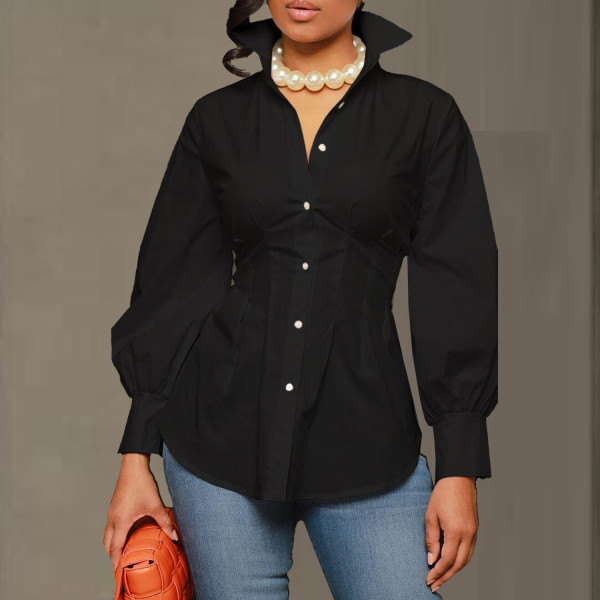 EVE Plus Size Solid Color Long Sleeve Lapel Shirt NY-10350