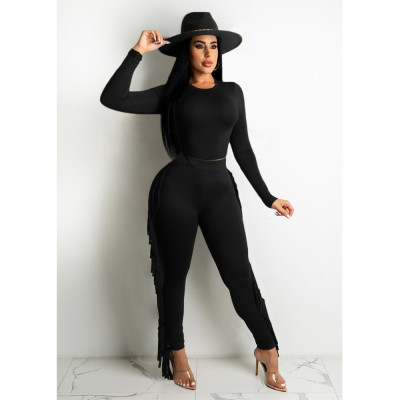 EVE Solid Color Sport Tassel Two Piece Pant Set YIY-7287