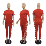 EVE Plus Size Solid Color Long Sleeve T Shirt And Holes Pant Two Piece Set MTY-6753