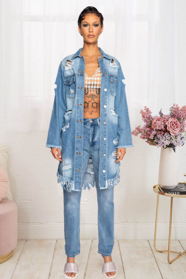 EVE Plus Size Fashion Holes Tassel Long Sleeve Denim Coat LX-3540