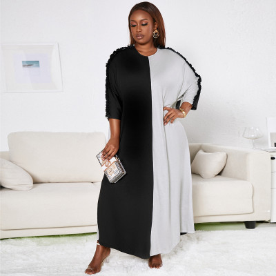 EVE Plus Size Contrast Color Ruched Bat Sleeve Loose Maxi Dress XHSY-19518