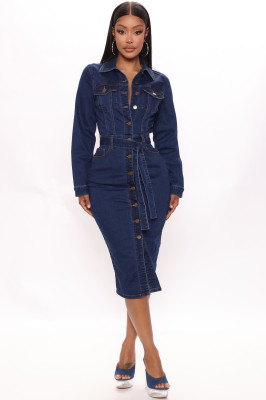 EVE Fashion Denim Single Breasted Buttom Slim Midi Dress(With Waist Belt) LA-3327