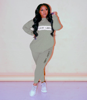 EVE Letter Print Long Sleeve Pullover Sweatshirt And Pant Two Piece Set NYMF-286