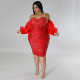 EVE Plus Size Sexy Sequin Tube Tops Mesh Sleeve Evening Dress NNWF-7764