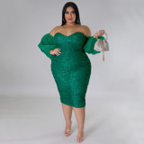 EVE Plus Size Sexy Sequin Tube Tops Mesh Sleeve Evening Dress NNWF-7764