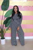 Plus Size Long Sleeve Tops And Wide Leg Pant Stripe 2 Piece Set BLX-62002