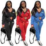 EVE Casual Sport Print Zipper Hooded Two Piece Set YUF-10016