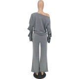 EVE Solid Color Flare Sleeve Holes Two Piece Pant Set MXDF-6120