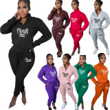 EVE Pink Letter Print Plus Fleece Pullover Pant Two Piece Set NYF-8135