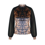 EVE Gold Velvet Leopard Print Chiffon Stitching Sleeve T Shirt TE-4524