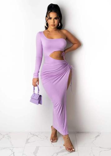 EVE Plus Size Solid Color Drawstring One Shoulder Sleeve Dress OM-1530