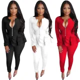 EVE Solid Zipper Ruffles Long Sleeve Two Piece Set TE-4525