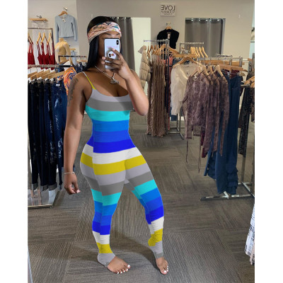 EVE Plus Size Colorful Print Ruched Sports Skinny Sling Jumpsuit YIY-7179