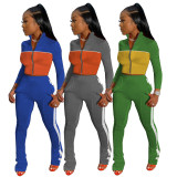 EVE Casual Sports Color Block Coat Pants Two Piece Set MUKF-101
