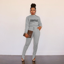EVE Letter Printed Casual Long Sleeve And Hem Zipper Split Pants Two Piece Set OUQF-A059