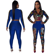 EVE Sequine Splice Long Sleeve Pants Two Piece Set TE-4533