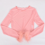 EVE Mesh See Through Feather Splicing T Shirt GBTF-8792