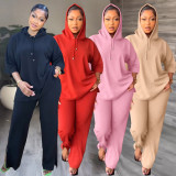 EVE Solid 3/4 Sleeve Hooded Sweatshirt Pant Two Piece Set MIL-L404