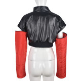 EVE PU Leather Contrast Color Splicing Zipper Short Jacket GBTF-7307