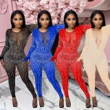 EVE Mesh Hot Drill Long Sleeve Feather Jumpsuit BY-6200
