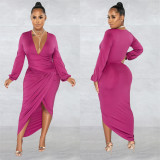 EVE Solid Long Sleeve Ruched Irregular Dress BY-6187
