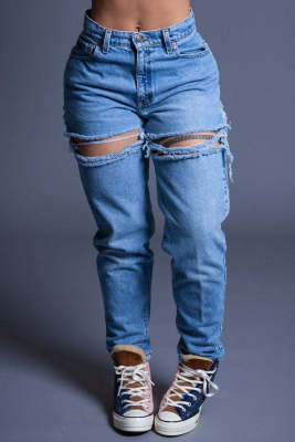 EVE Plus Size Casual Denim High Waist Holes Jeans LX-5528