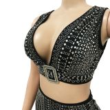 EVE Sexy Mesh Hot Drill Sleeveless Two Piece Skirt Set BY-6037